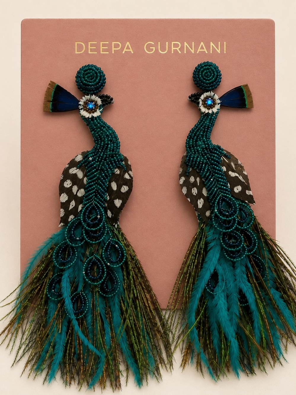 Anthropologie Teal Peacock Feather Statement Earrings By Deepa Gurnani